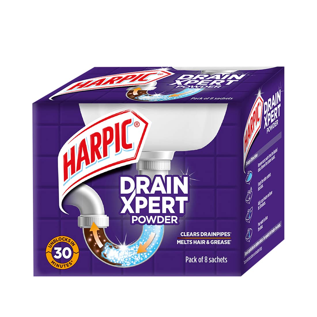 11.Harpic Drain Xpert Drain Cleaning Powder (50g x 8) Removes Blockages within 30 mins